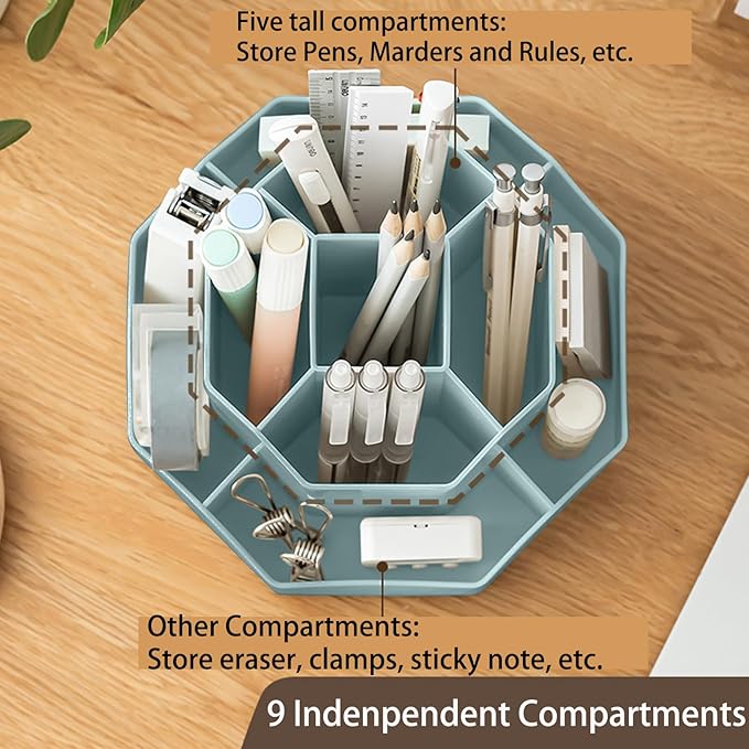 Pencil Pen Holder for Desk, 9 Slots 360 Degree Rotating Desk Organizer, Cute Pen Organizers Stationery Supplies for Office Home & Art Supply (Blue)-DeskoryOffice