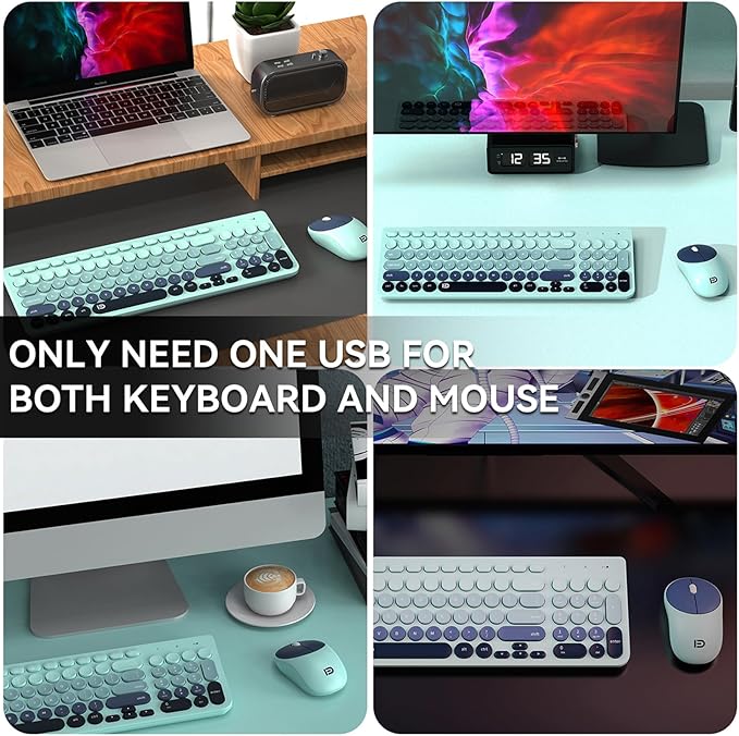 FD Wireless Keyboards and Mouse Combo - 2.4GHz USB Cordless, Cute Wireless Keyboard Round Keys, Quiet and Slim Set for Laptop, Computer, TV and Mac - Indigo Blue Colorful-DeskoryOffice