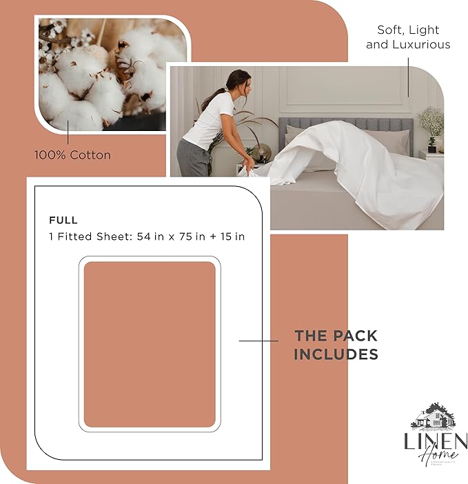 Linen Home 100% Cotton Percale Weave Fitted Sheet, Full Size, Tera Clay - Image 6