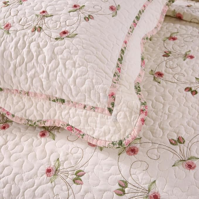 Quilt Set Floral Leaves 3D Embroidery Pattern 2 PCS Cotton Reversible Quilted - Image 6