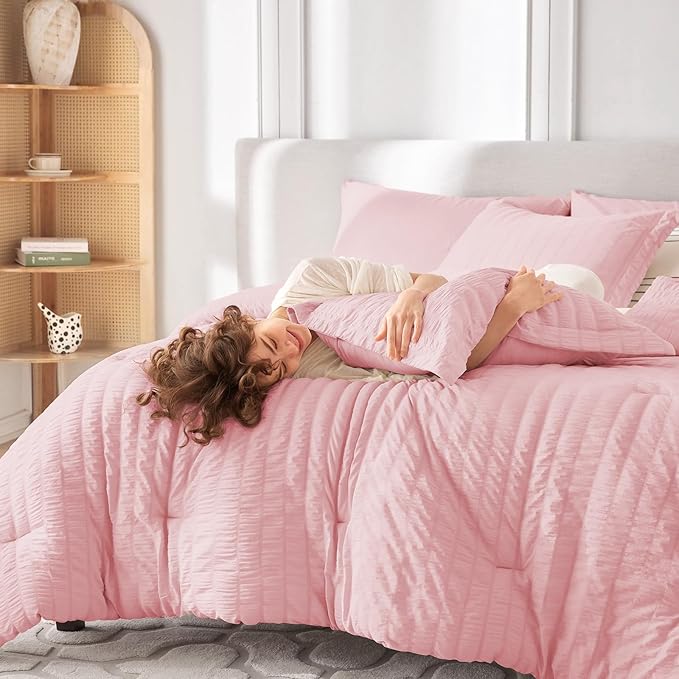 MUXHOMO 7 Pieces California King Comforter Set, Seersucker Bed in a Bag Cal - Image 7