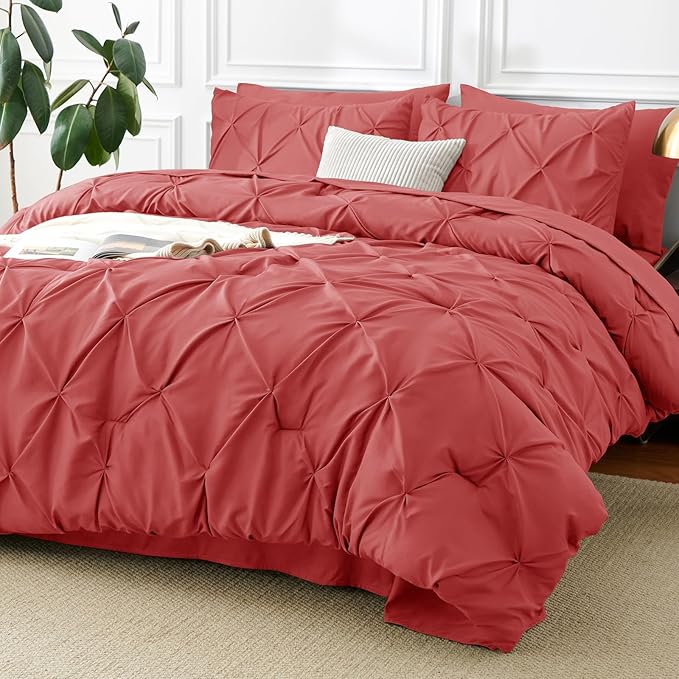 CozyLux Queen Comforter Set Coral, 7 Pieces Pintuck Bed in A Bag, Premium Coral by CozyLux