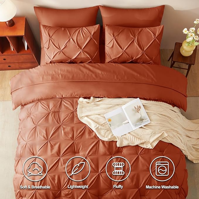 HIMEET Pintuck Bed in a Bag, 7 Pieces Queen Size Comforter Set Burnt Orange - Image 2