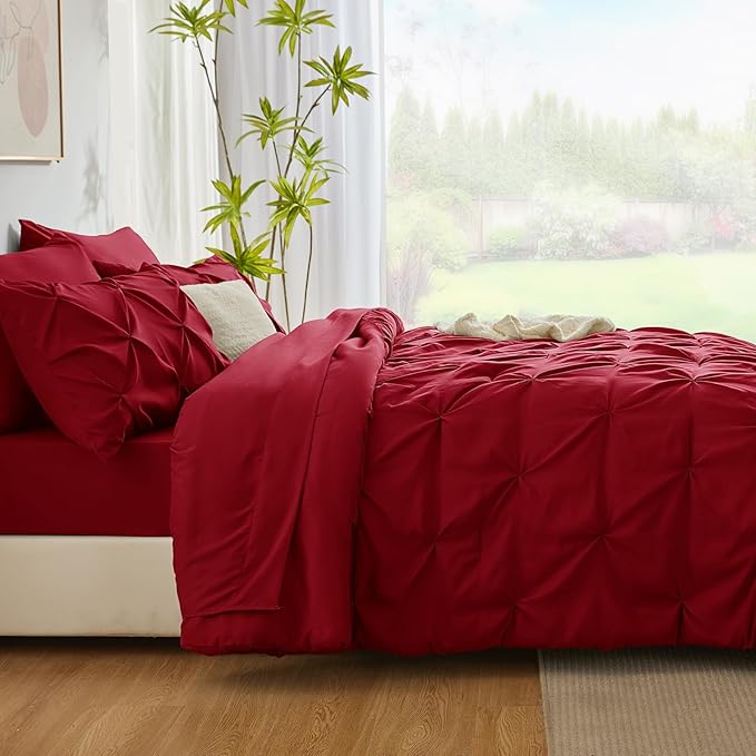 CozyLux Queen Comforter Set Dark Red, 7 Pieces Pintuck Bed in A Bag, Premium - Image 9