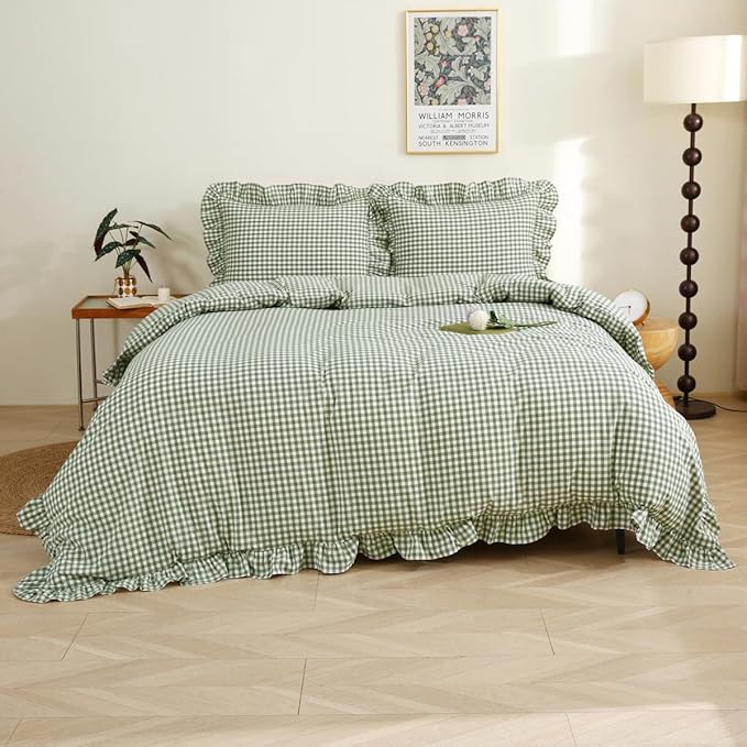 Silnuo Sage Green/White Plaid Ruffle Duvet Cover Twin Size, 100% Washed Cotton by Silnuo