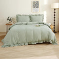 Silnuo Sage Green/White Plaid Ruffle Duvet Cover Full Size, 100% Washed Cotton by Silnuo