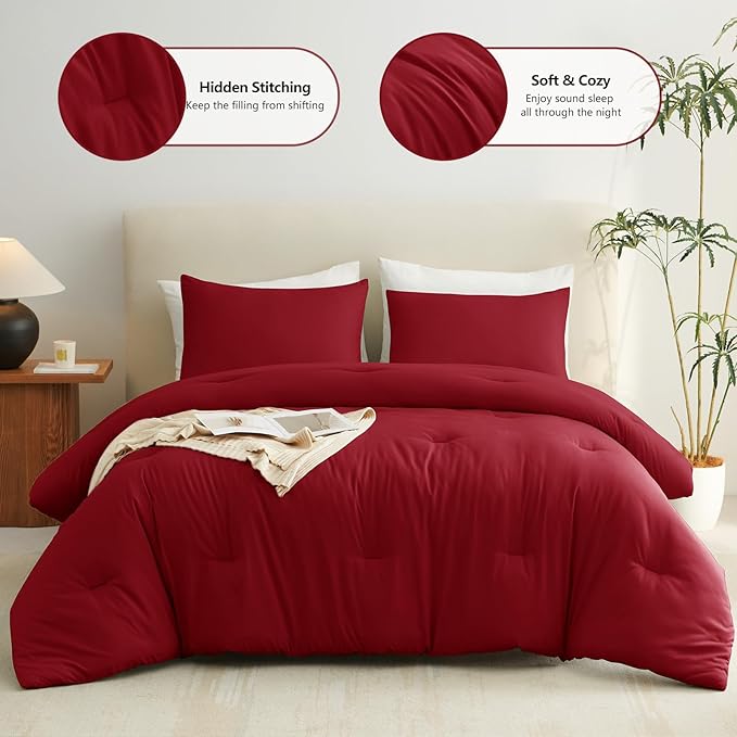 CozyLux California King Comforter Set Dark Red, 3 Pieces Cal King Solid - Image 2