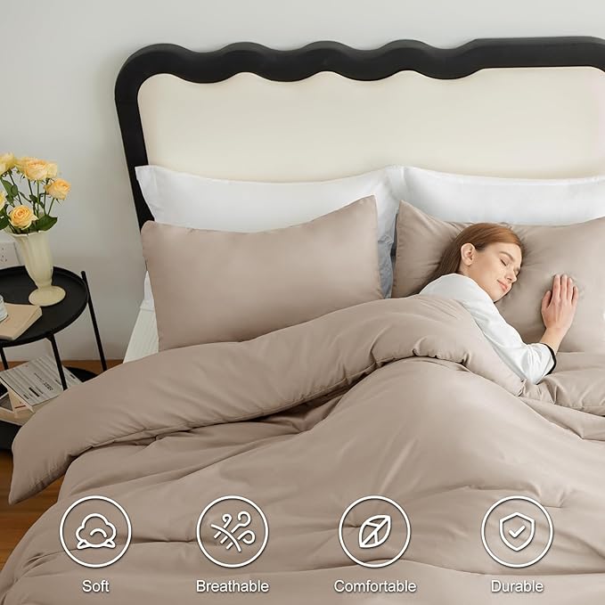 CozyLux King Size Comforter Set Wheat, 3 Pieces Solid Comforters King Size - Image 5