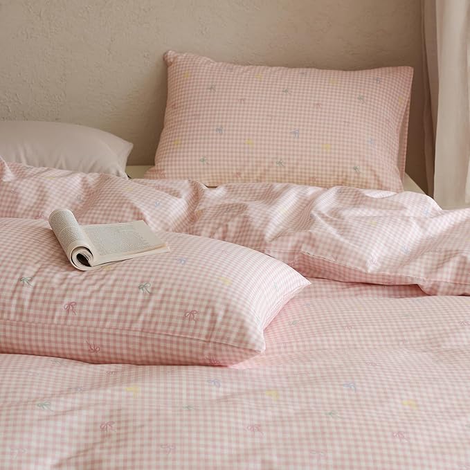 mixinni Gingham Duvet Cover Full Size, 100% Cotton Light Pink and White Gingham - Image 5