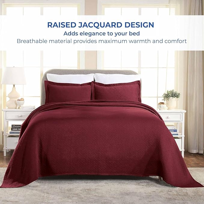 Superior 3 Piece Basketweave Cotton Bedspread Set, Home Bed Decor, Decorative Bed Spread, 2 Pillow Shams, Medium Weight Blanket, Matelasse Coverlet Bedding, Geometric Lattice Pattern, King, Garnet