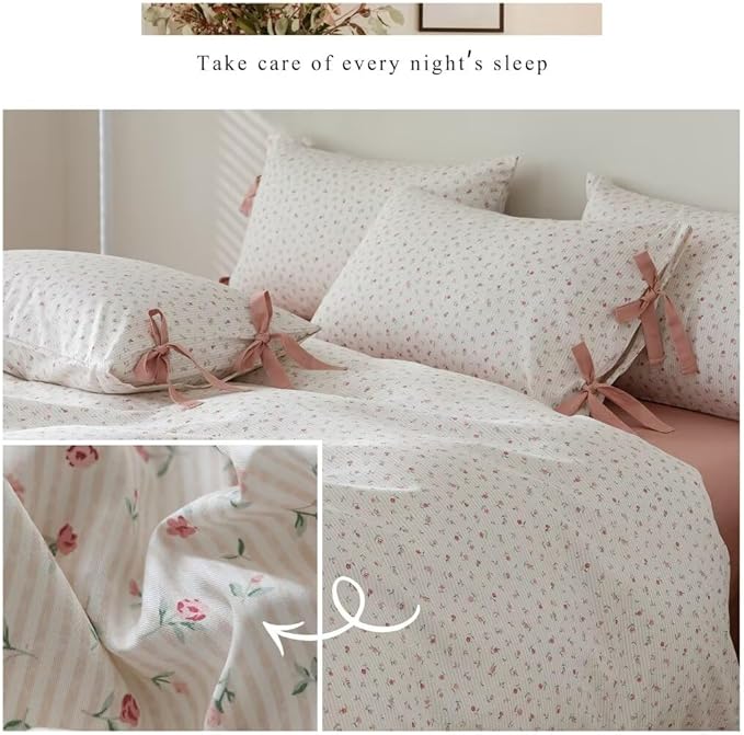 MKXI Cute Bow Tie & Pink Flower Stripes Duvet Cover Twin Size Cotton Bedding Set - Image 5