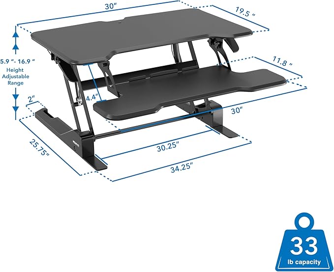 Mount-It! Height Adjustable Standing Desk Converter, Compact 30” Wide Tabletop Standing Desk Riser with Gas Spring, Desktop Stand Up Workstation with Keyboard Tray Fits Monitor or Laptop, Black-DeskoryOffice