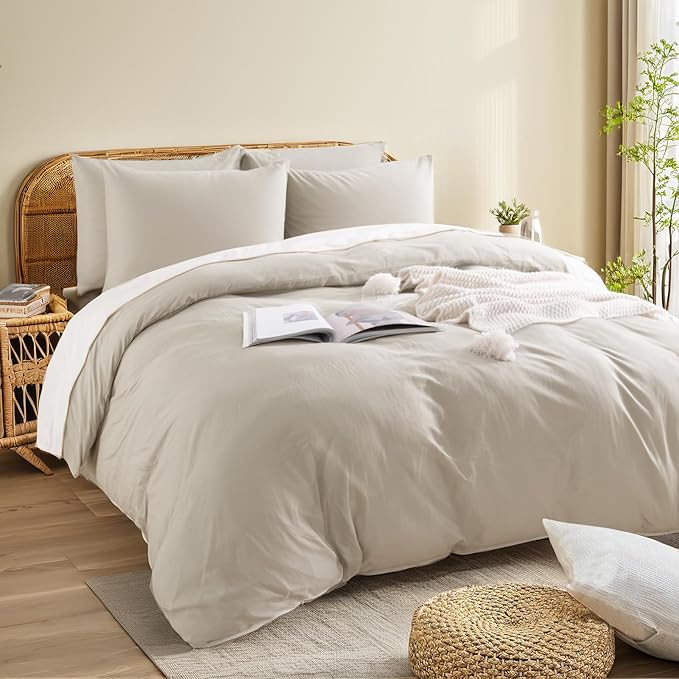 NEXHOME PRO 100% Washed Cotton Duvet Cover Full Size, Ogranic Natural Linen - Image 4