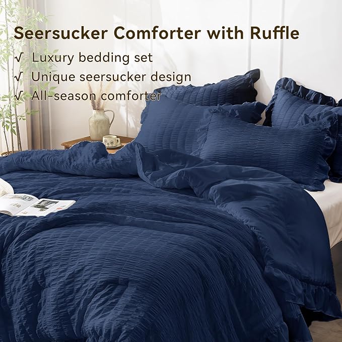 JOLLYVOGUE Navy Blue Queen Comforter Set, 3 Pieces Seersucker Comforters Queen - Image 4