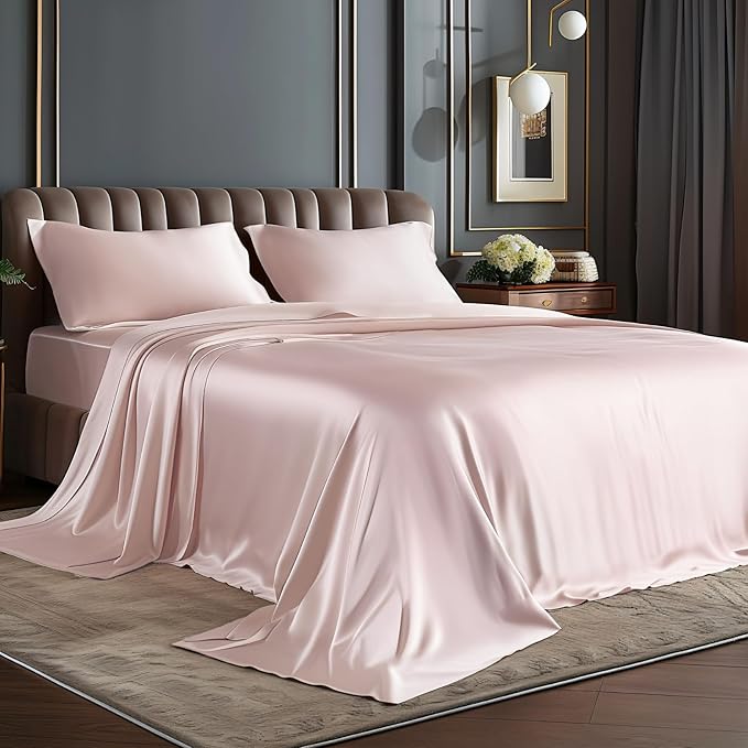 BEDELITE Satin Sheets Queen Size Bed Set, Luxury Soft Pink Silky Sheets by BEDELITE