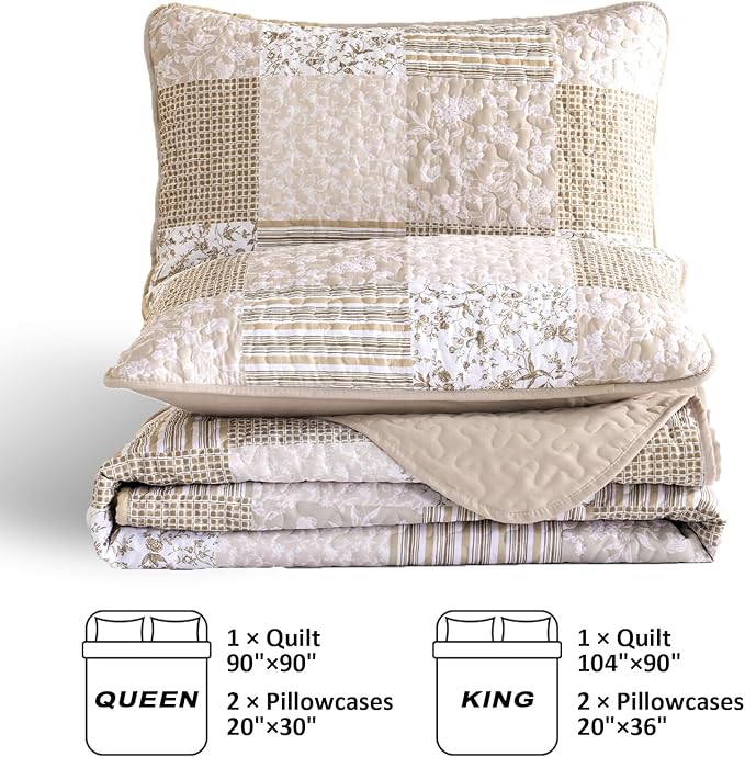 Mybedsoul Beige Boho Quilt Set Queen Size, 3 Pieces Plaid Floral Bedspread Set - Image 5
