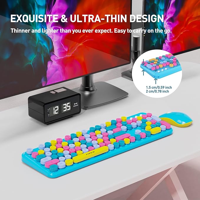 Keyboard and Mouse Wireless,Cute Retro Wireless Keyboard Mouse Combo with Round Key,2.4Ghz Dropout-Free Connection,Typewriter Wireless Keyboard Mouse Set for PC Laptop Desktop Computer-Blue Colorful-DeskoryOffice