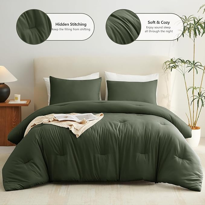 CozyLux Full Size Comforter Set Dark Green, 3 Pieces Solid Breathable Quilted - Image 2
