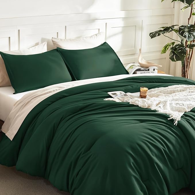 Litanika Dark Emerald Green King Comforter Set, 3 Pieces Solid Forest Bedding - Image 5