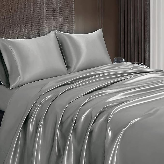 Homiest Light Grey Satin Flat Sheet King Size, Luxury & Ultra Soft Bedding - Image 6