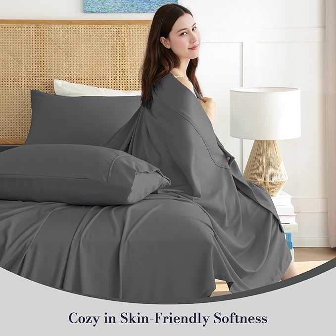 King Sheet Set 4 Piece, Wrinkle Free, Oeko-Tex Certified Bedsheets，Dark Grey - Image 2