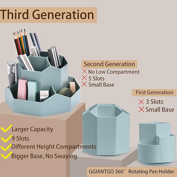 Pencil Pen Holder for Desk, 9 Slots 360 Degree Rotating Desk Organizer, Cute Pen Organizers Stationery Supplies for Office Home & Art Supply (Blue)-DeskoryOffice