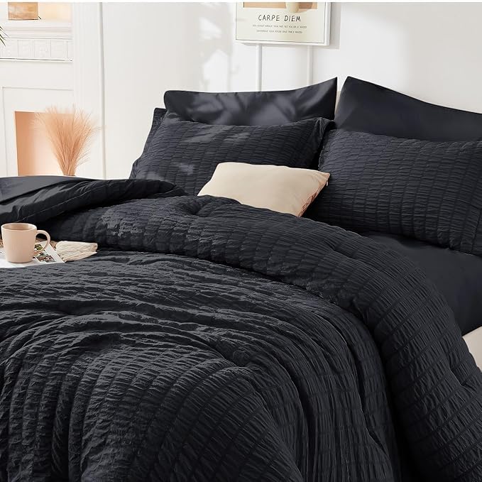 HYMOKEGE Black Duvet Cover King Size, Ultra Soft 3-Piece Seersucker Duvet Cover - Image 4