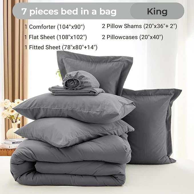 MUXHOMO 7 Pieces King Comforter Set, Soft Bed in a Bag King Size, All Season - Image 4