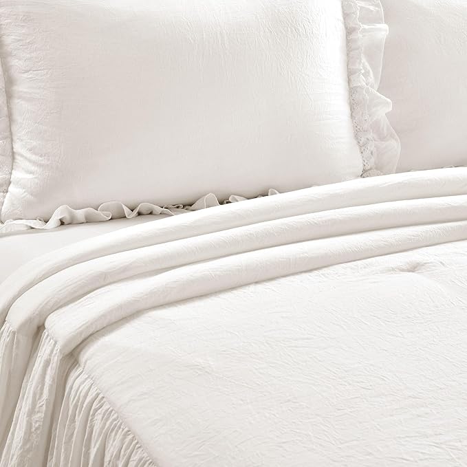 Lush Decor Ella Ruffle Lace Bedspread, 3 Piece Set, Queen, Ivory - Cute Bed Set - Queen Bedding - White Bedding - Coquette Decor - Neutral Ruffle Trim - White Lace Trim