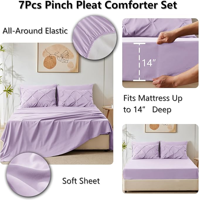 CozyLux Queen Comforter Set Lavender, 7 Pieces Pintuck Bed in A Bag, Premium - Image 5
