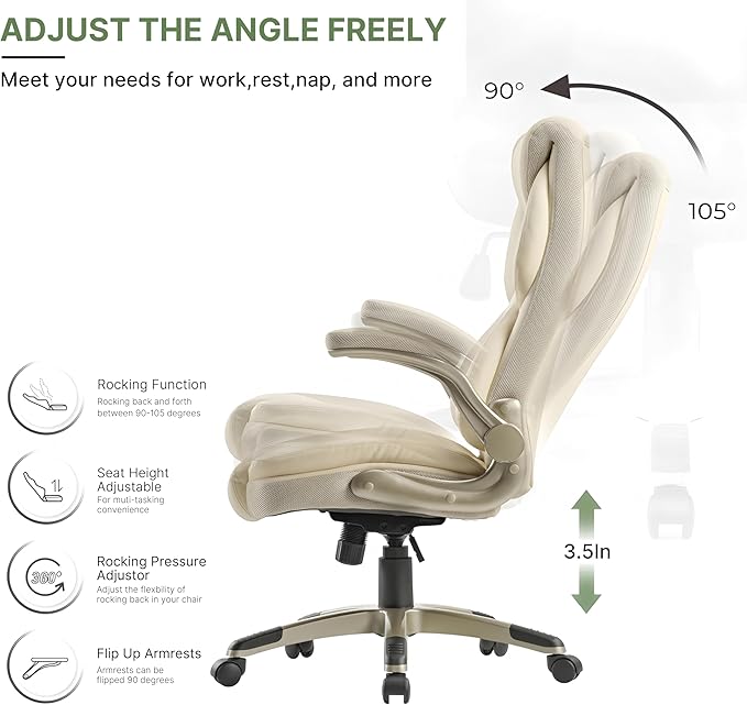 EUREKA ERGONOMIC Executive Office Chair Flip Up Arm Rest, Ergonomic Desk Chair Faux Leather Computer Chair, High Back Office Chair with Headrest, Home Office Desk Chairs with Wheels, Beige-DeskoryOffice