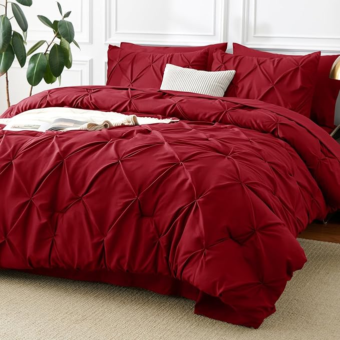 CozyLux Queen Comforter Set Dark Red, 7 Pieces Pintuck Bed in A Bag, Premium by CozyLux