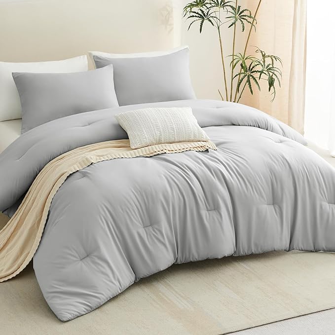 CozyLux Queen Comforter Set Light Grey, 3 Pieces Solid Comforters Queen Size - Image 9