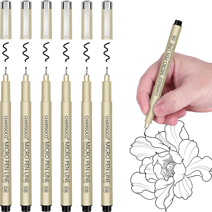 08 Micro Pen, 6 Pack Black Fine Point Pen with Waterproof Archival Ink, 0.52mm Fineliner Ink Pens for Artist Illustration, Sketching, Anime, Manga, Technical Drawing and Scrapbooking-DeskoryOffice