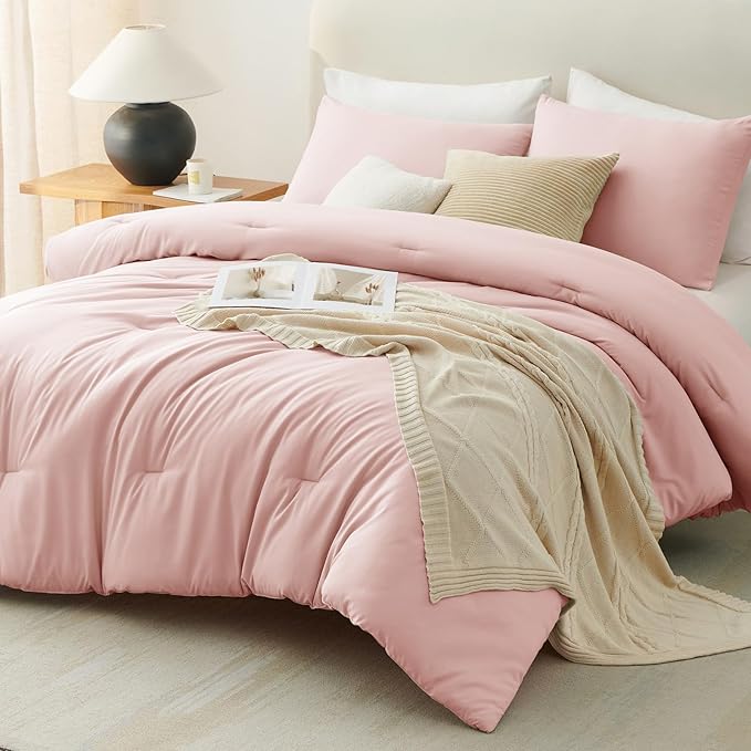 CozyLux Oversized Queen Comforter Set Blush Pink, 3 Pieces 98x98 Solid - Image 9