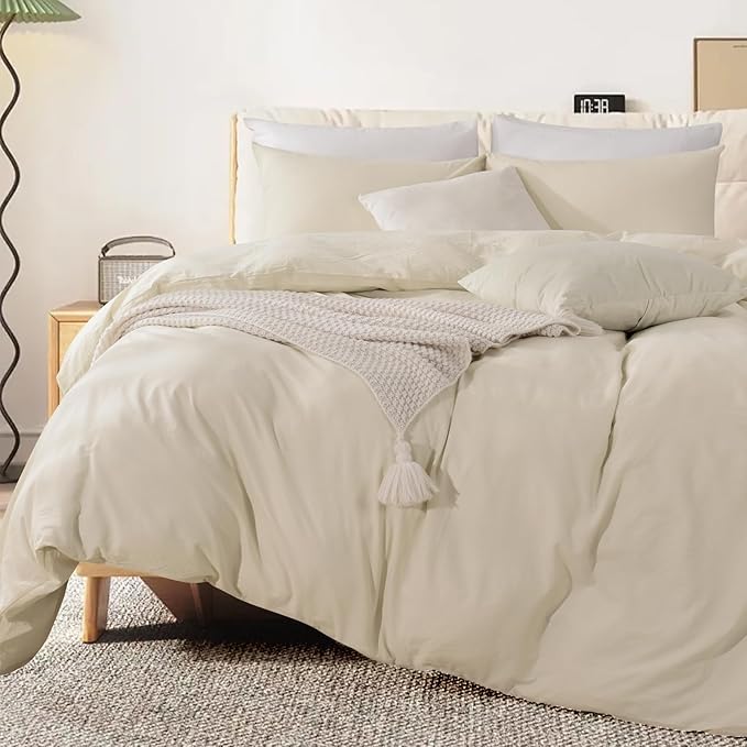 NEXHOME PRO Duvet Cover Set Queen Size Linen Feel Textured Cream Grey Organic - Image 3