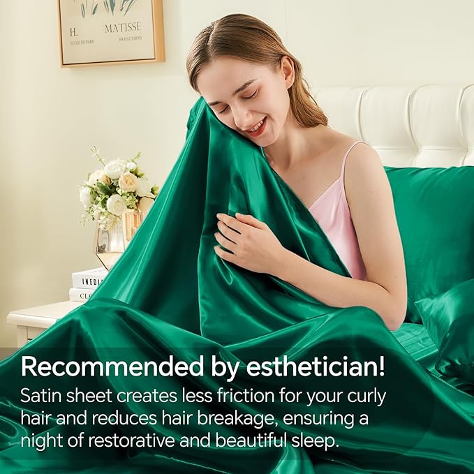 BEDELITE Satin Sheets Twin XL Size Bed Set, Luxury Soft Dark Green Sheets - Image 3