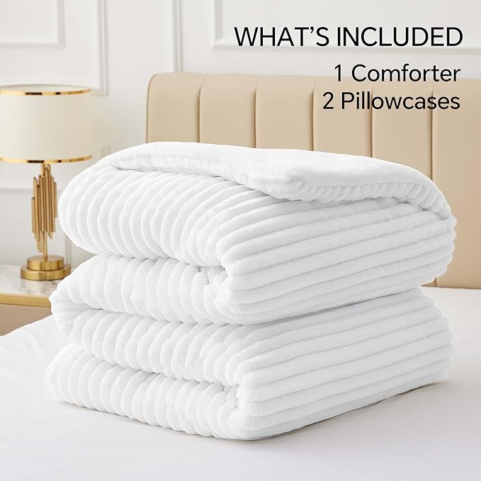 BEDELITE Fleece Full Comforter Set -Super Soft & Warm Fluffy Bright White - Image 6
