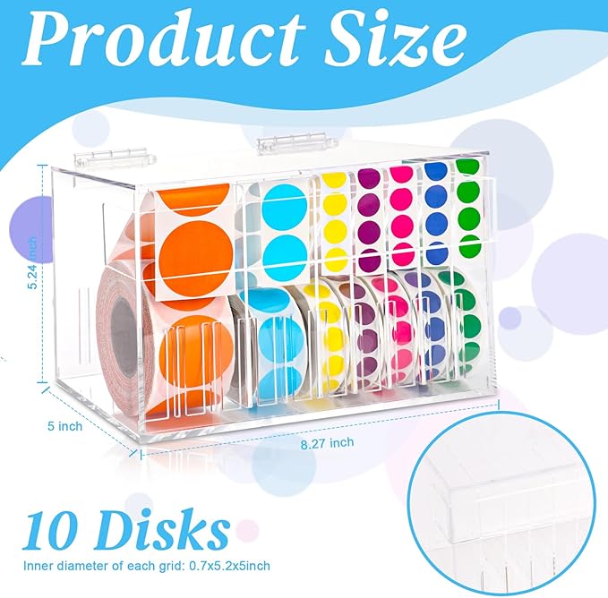 10 Disks Adjustable Label Dispenser with Lid 7.7 * 5.5 * 5.2 Inches Acrylic Sticker Dispenser Sticker Roll Holder for Holding Multi-Label Sticker Tape Date Markers Label Office (Not Include Sticker)-DeskoryOffice