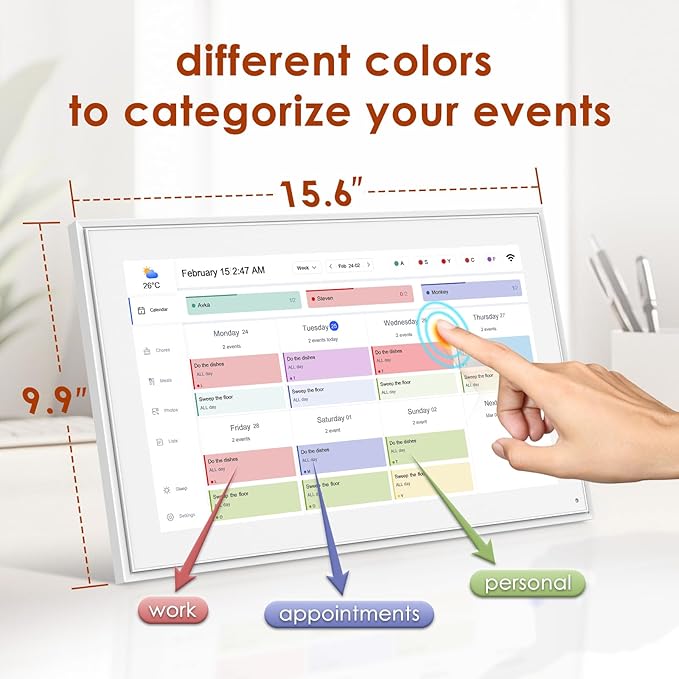Digital Calendar 15.6 Inch, Electronic Calendar Chore Family Schedules, Smart Weekly and Monthly Planner, 1920 * 1080P IPS Touchscreen Interactive Display - Wall Mount White-DeskoryOffice