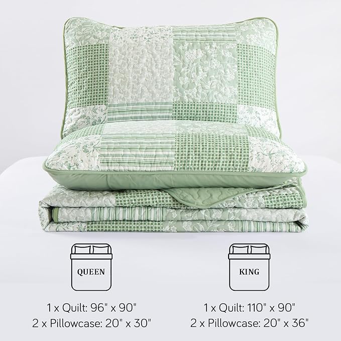 Mybedsoul Light Green Quilt Set Queen Size, 3 Pieces Plaid Floral Bedspread Set - Image 7