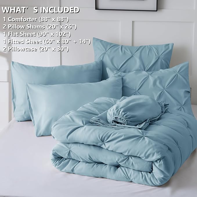 CozyLux Queen Comforter Set Light Blue, 7 Pieces Pintuck Bed in A Bag, Premium - Image 7