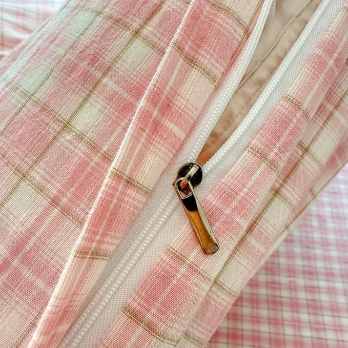 PinkMemory Pink Plaid Duvet Cover Set King 100% Washed Cotton Cute Pink Checked - Image 7
