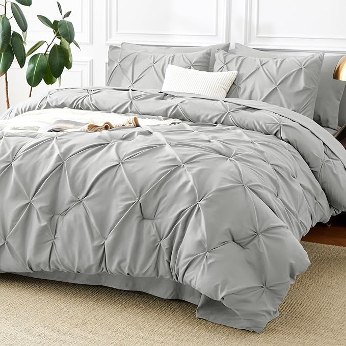 CozyLux Full Size Comforter Sets Light Grey, 7 Pieces Pintuck Bed in A Bag Gray by CozyLux