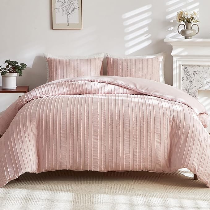WARMDERN Pink Boho Duvet Cover King Size, Striped Textured Duvet Cover Set by WARMDERN