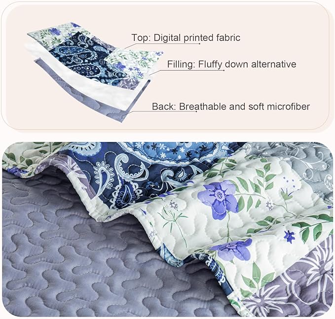 Whale Flotilla Patchwork Quilts Queen Size, Soft Boho Floral Bedspreads - Image 6