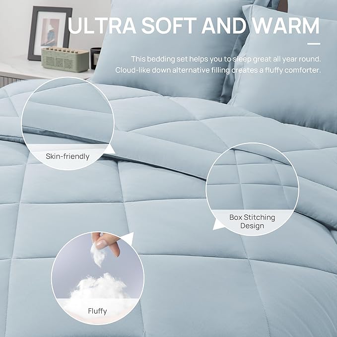 Love's cabin King Size Comforter Set Light Blue, 7 Pieces King Bed in a Bag - Image 5