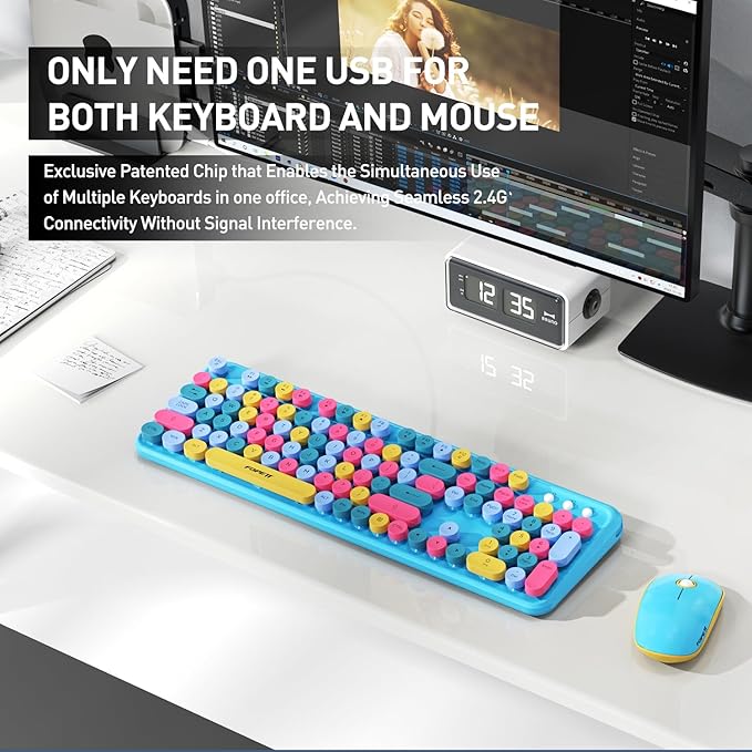 Keyboard and Mouse Wireless,Cute Retro Wireless Keyboard Mouse Combo with Round Key,2.4Ghz Dropout-Free Connection,Typewriter Wireless Keyboard Mouse Set for PC Laptop Desktop Computer-Blue Colorful-DeskoryOffice