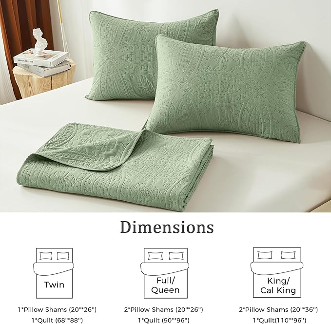 akkialla Quilts Queen Size, Sage Green Ultrasonic Full/Queen Quilt Set - Image 6