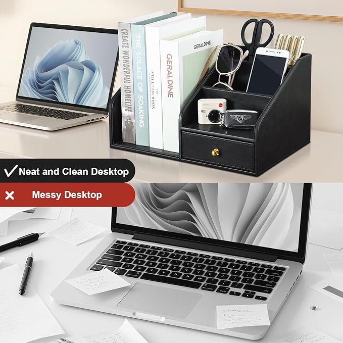 KINGFOM PU Leather Desk Organizer, Multifunction 6 Compartment Desk Organizers and Accessories for Office Supplies, Pen Pencil Holder/Book Mail Organizer Holder for Desk with Drawer(Black)-DeskoryOffice